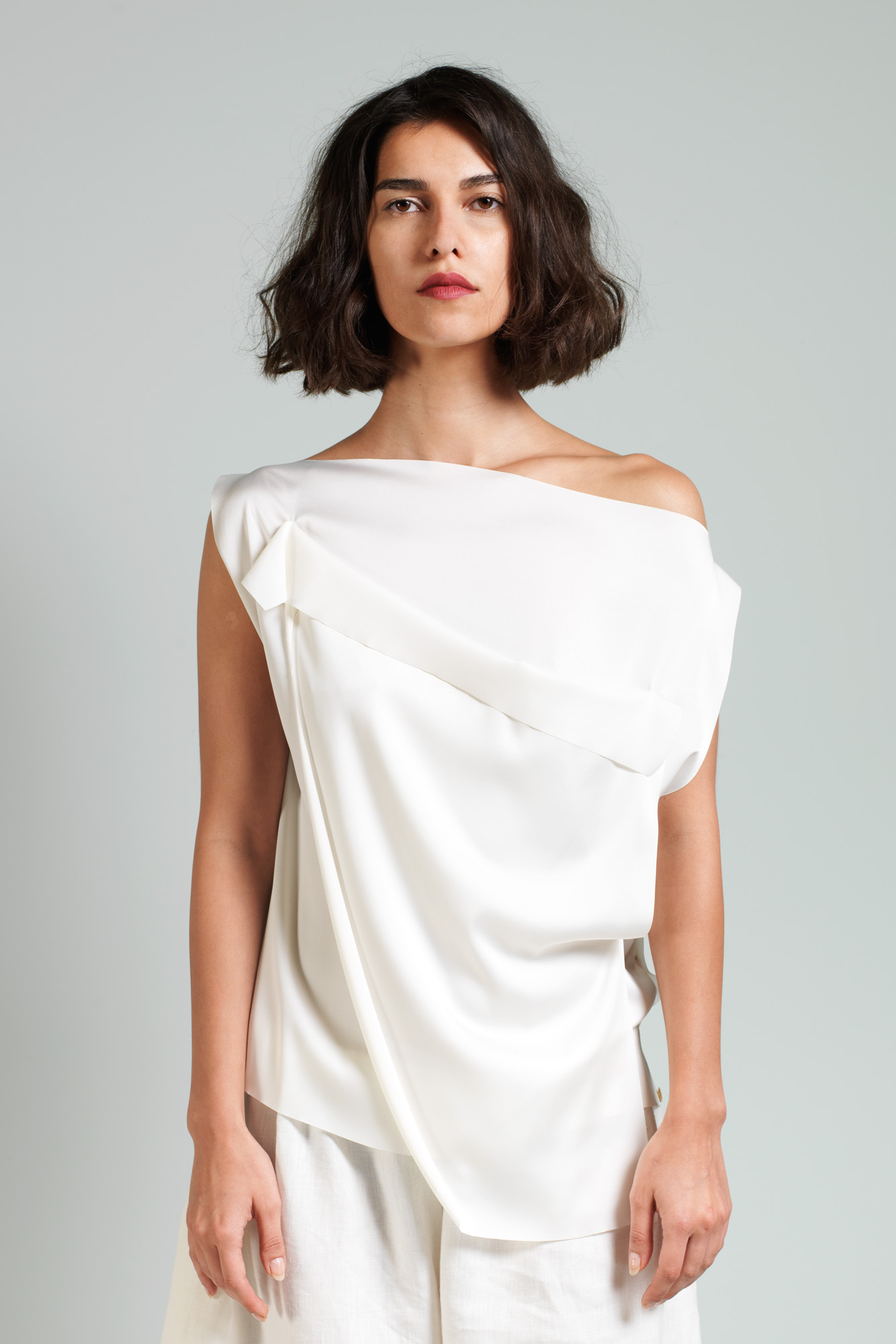 Satin Layered Draped Top in Cream